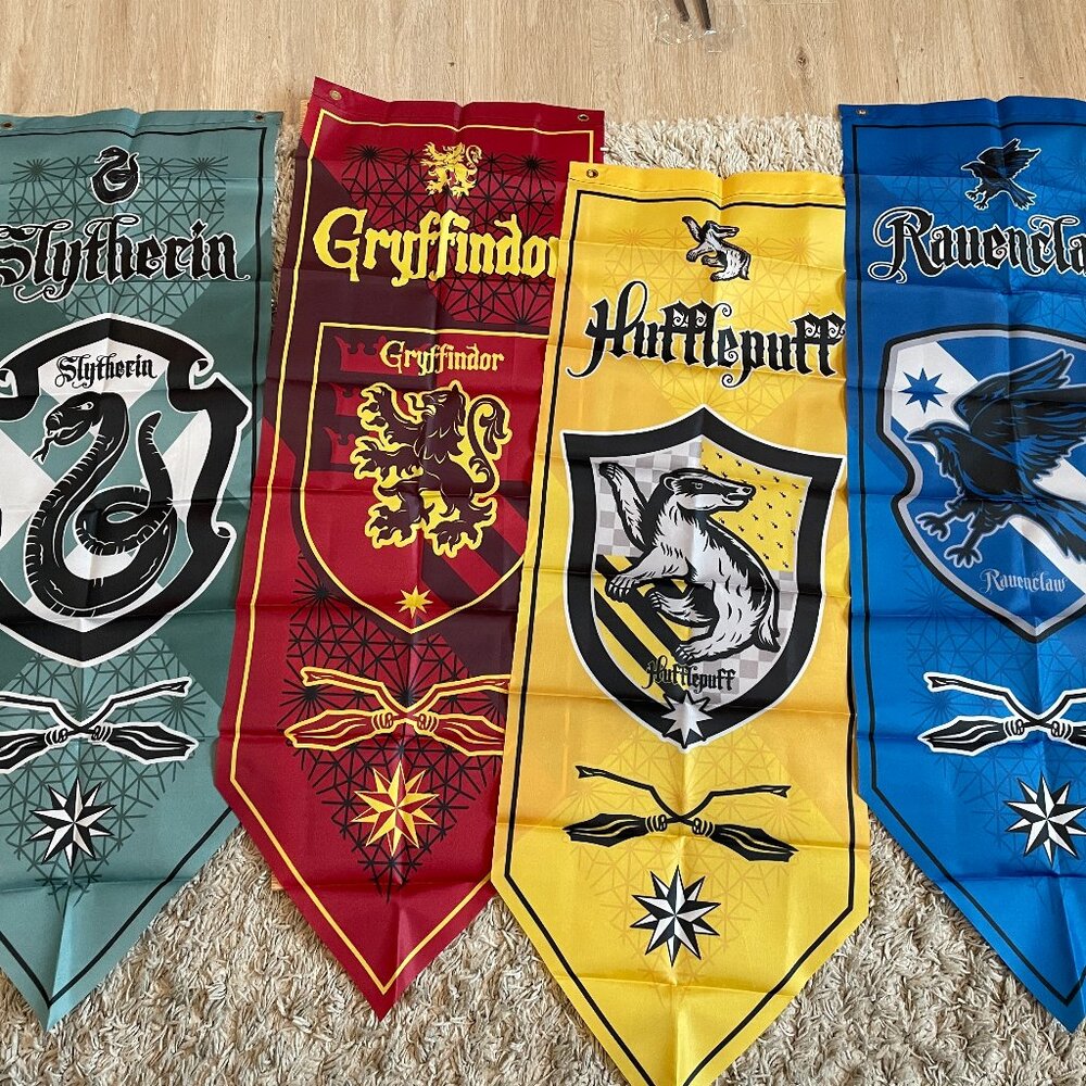 Large Hogwarts House Banners Flags and Harry + Hermione Wands - NEW